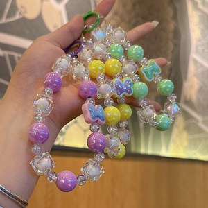 Exquisite Crystal Short Wrist Pendant Mobile Phone Rope Bag Accessory Acrylic Candy Color Bow Beaded Keychain
