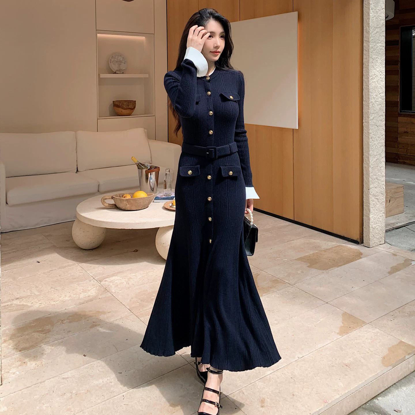 blue dress for baby girl Winter Wedding Guest Dress in Navy Blue with Sleeves Dusty Blue / 16 main image 0
