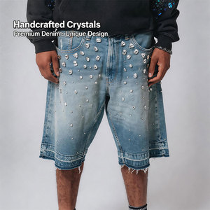 Shorts en jean Y2K personnalisés pour hommes, style Hip Hop, baggy, avec strass et clous en cristal, coupe ample, ourlet brut, streetwear - Product Image 3