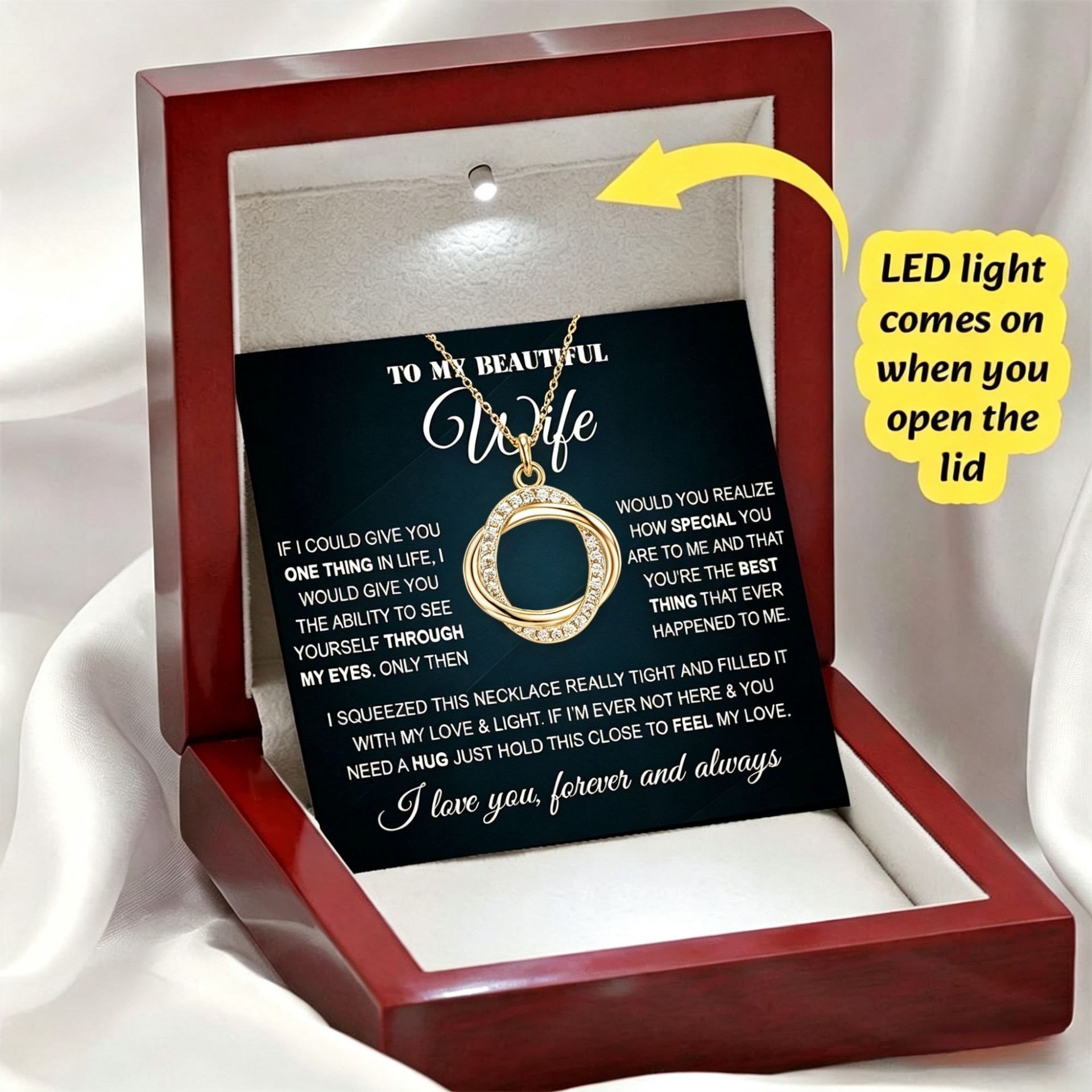 Necklace gold wooden box with lamp