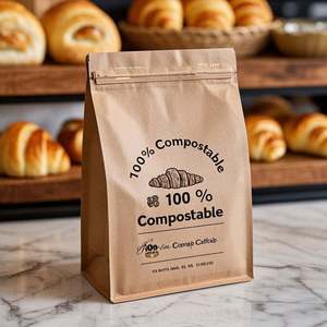 Bolsa de pie de papel Kraft biodegradable ecológica personalizada con cerradura de lazo de estaño de laminación para tostadas de panadería y embalaje de croissant - Product Image 3