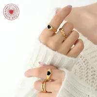 Bague pour femme en acier inoxydable plaqué or 18 carats, style américain, motif cœur noir, tendance et personnalisée