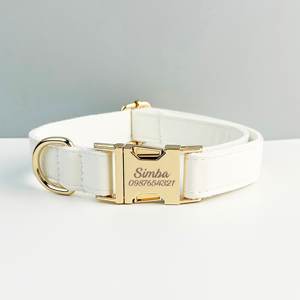 Conjunto de Correa y Collar para Perro de Nailon Blanco Sólido con Hebilla de Metal Grabada Acolchada y Cómoda, Fácil de Limpiar, para Bodas - Product Image 4