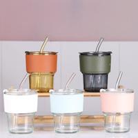 Gobelet à café, thé au lait, cadeau, design minimaliste de style bambou, 450 ml, avec manchon en cuir, isolation thermique, anti-fuite, paille en verre