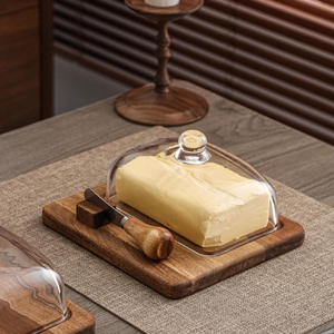 Caja de mantequilla de madera de acacia con cuchillo, tabla de queso, rebanadora, tapa de vidrio para cortar queso, mantequilla, pastel, plato de postre - Product Image 4