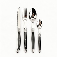 Ensemble de couverts Laguiole 4 pièces faits à la main, Excellence ABS noir, triple rivet, manche droit, couteau de table, fourchette et cuillère dentelés
