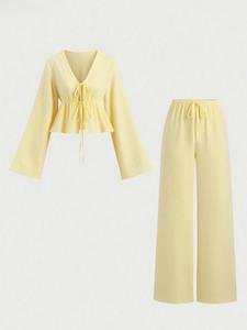 Ensemble 2 pièces décontracté pour femmes, haut ample à rayures confortable avec nœud devant et pantalon, nouvelle collection tendance - Product Image 3