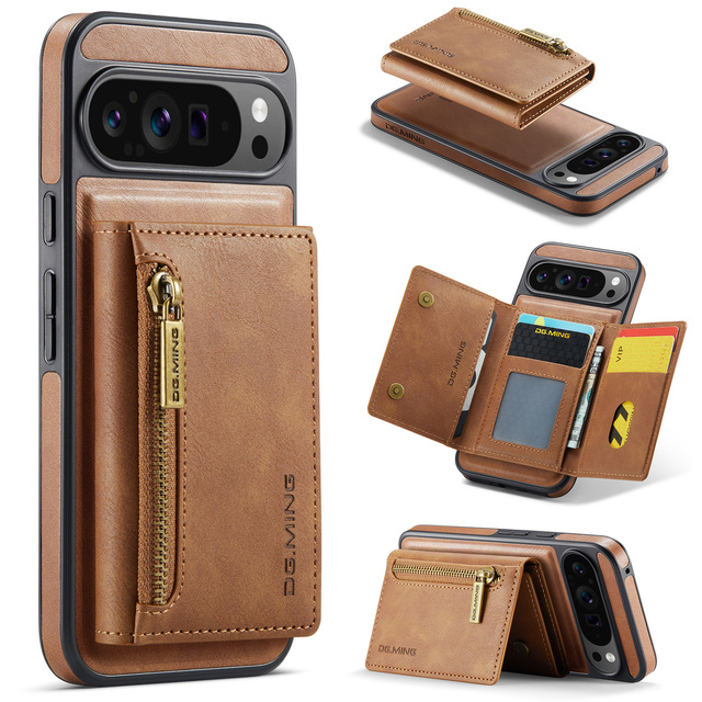DG.MING Luxury Leather RFID Wallet Card Holder Zipper Magnetic Detachable 2 in 1 Phone Cover Case for Google Pixel 8 9 Pro XL