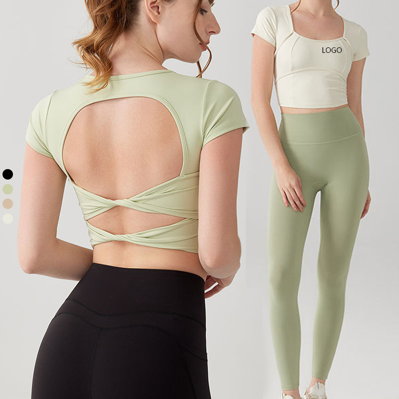 XW-MZ-144 Wholesale Backless Cross Back Design Short Sleeves Breathable Built in Bra Pads Fitness Yoga Top for Women