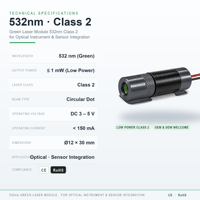 Modul Laser Hijau 532nm Kelas 2 untuk Integrasi Instrumen Optik dan Sensor CE RoHS OEM ODM Langsung dari Pabrik