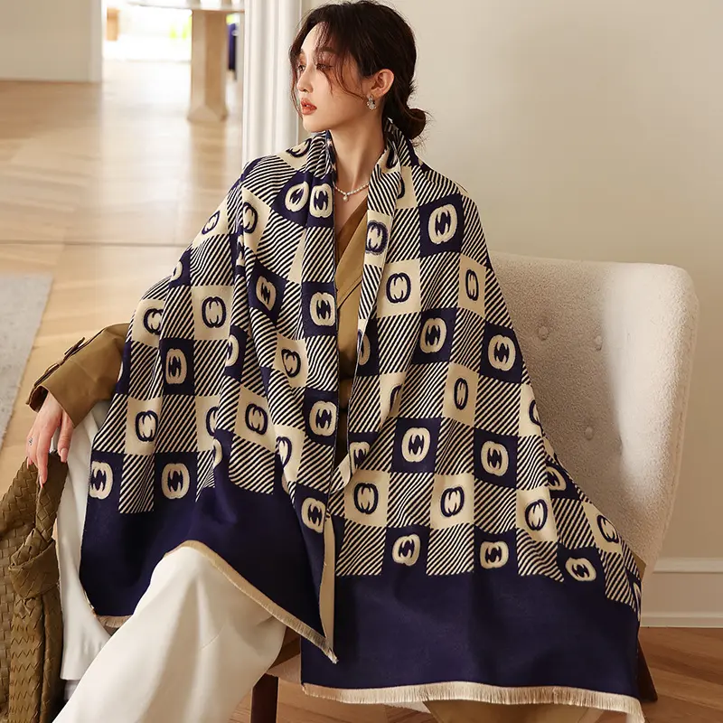 厚手の暖かい冬のスカーフ高級デザインプリント女性カシミアショールレディラップウールスカーフニット女性毛布