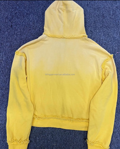 เสื้อฮู้ดดี้โอเวอร์ไซส์แบบซิป ขอบดิบ ตัดเย็บพิเศษสำหรับผู้ชาย สีเหลือง 450gsm ผ้าเฟรนช์เทอร์รี่ สตรีทแวร์ ขอบดิบ ตัดสั้น - Product Image 2