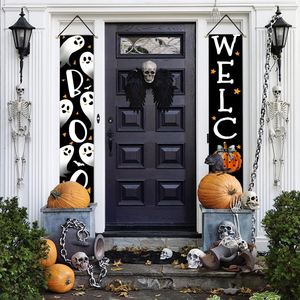 Bannière de porte d'Halloween en tissu Oxford 300D résistant aux intempéries, motif maison hantée effrayante, citrouille, fantôme, squelette, 12x72 pouces - Product Image 5