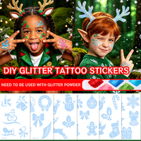 Stiker Tato Glitter DIY Kustom Natal Motif Kepingan Salju, Kereta Salju, Rusa Kutub, Taburan Bubuk Glitter Tanpa Air untuk Liburan