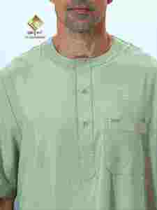 Al Haramain Thobe en coton pour homme, vert uni, manches courtes, longueur au sol, tenue de prière modeste, col rond, coupe classique - Product Image 2