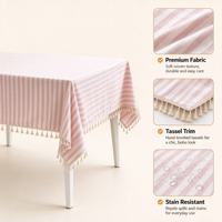 Nappe à Rayures Roses avec Pompons, Aspect Lin, Rectangulaire, Vente en Gros Usine, Personnalisable pour Décoration de Fêtes et Événements à Domicile