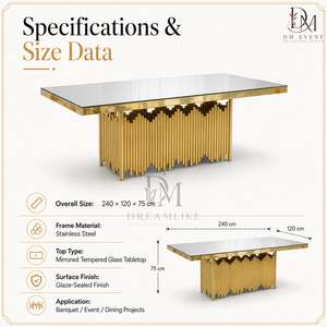 Mesa de Comedor Contemporánea de Acero Inoxidable Dorado con Cubierta de Vidrio Espejo y Base de Pedestal con Varilla Ondulada para Proyectos de Banquetes y Bodas - Product Image 2
