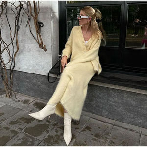 Mùa Thu Thời Trang Rắn Màu Dệt Kim Váy 2 Mảnh Phù Hợp Với Duy Nhất Ngực V Cổ Cardigan Cao Eo Váy Mohair Áo Len Phụ Nữ - Product Image 3