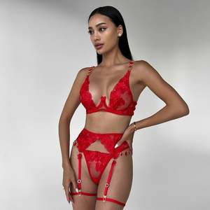 Vente en gros soutien-gorge brodé de bijoux vintage européen et ensembles de jarretière bleu intimes strass push up femmes lingerie sexy - Product Image 4