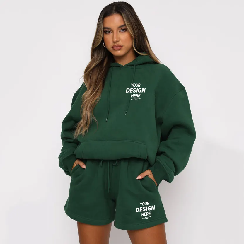 HG516 OEM Women Clothing Custom Logo High Quality Heavy Fleece Cotton Fabric Pullover Hoodie With Sweat Shorts 2 Two Pieces Set