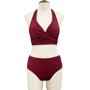 Bikini Halter Color Borgoña con Escote Cruzado y Cintura Alta Fruncida <span class=keywords><strong>para</strong></span> un Look Sofisticado en Resorts, Top Halter con Lazos en la Espalda, Comodidad <span class=keywords><strong>para</strong></span> Curvas - Product Image 4