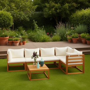 Ensemble de salon de jardin en bois d'acacia massif, couleur crème, 6 places, mobilier d'extérieur, style contemporain - Product Image 2