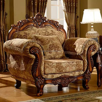 Ensemble de Canapés Antiques en Bois Massif 7 Places, Salon de Luxe Style Classique Arabe Moyen-Orient en Tissu