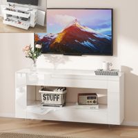 Meuble TV blanc brillant avec 2 tiroirs, portes à ouverture par pression et étagères réglables, console multimédia moderne pour téléviseurs jusqu'à 65 pouces