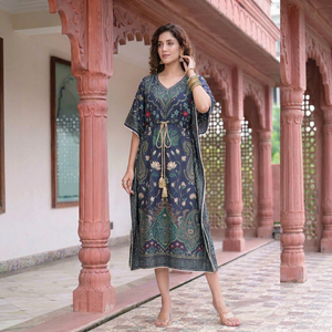 HitJem Export - Vestido Largo de Moda para Mujer, Estampado Azul, Cuello en V, Manga Larga, Estilo Kaftan - Product Image 1