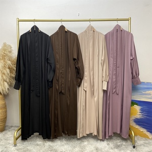1975# New Arrival Smooth Ribbed Satin Open <b>Abaya</b> Straight Cuffs Elegant Women Dubai Cardigan With Side Pockets 4 Colors - Product Image 6