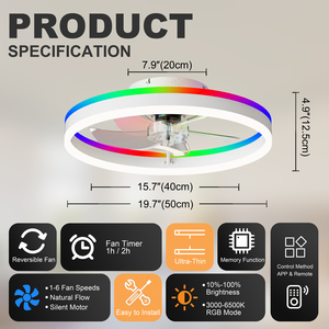 19.7" RGB Flush Mount Ceiling <b>Fan</b> with Light, 6-Speed Reversible Low Profile <b>Fan</b> with <b>Remote</b> & APP for Bedroom, White - Product Image 6