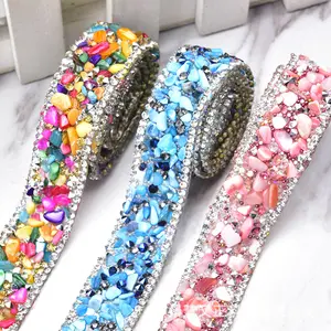 TM003 Gold Resin Crystal Stone Trimming Iron On Shoes Clothes Bag Colorful Rhinestone Hotfix Transfer Tape Applique