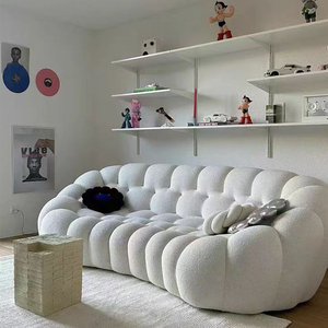 Set di Divani Bubble Minimalista di Design <span class=keywords><strong>Italiano</strong></span> in Velluto Crema <span class=keywords><strong>e</strong></span> Pelle con Gambe Artistiche in Legno Curvato per la Zona Giorno - Product Image 2