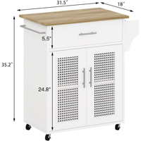 Chariot îlot central de cuisine en bois sur roues armoire de cuisine roulante avec porte en rotin, porte-serviettes, porte-épices et tiroir, blanc