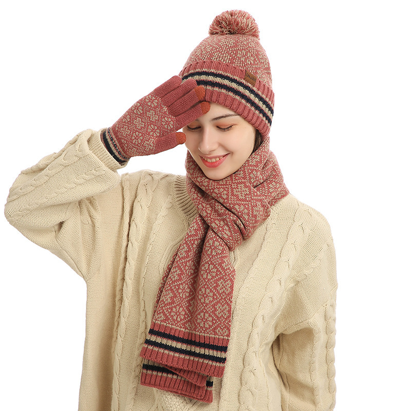 Top Selling Wholesale Winter Warm Hat and Scarf Mittens Sets Pom Poms Knitted Beanie Hats