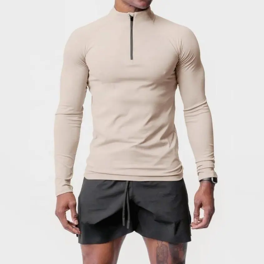 MAQVOB Herren Fitness-Lauftops Herren Hälften hoher Nacken Slim Hälfte Reißverschluss Training Laufen langärmeliges T-Shirt