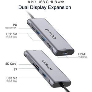 <span class=keywords><strong>USB</strong></span> <span class=keywords><strong>Hub</strong></span> Docking qgeem 8in1 loại <span class=keywords><strong>C</strong></span> Mini Docking Dual HDM I 4K @ 30Hz <span class=keywords><strong>USB</strong></span> <span class=keywords><strong>C</strong></span> PD 100W SD/TF Tương thích với Macboo K Pro XPS Del L H P - Product Image 2