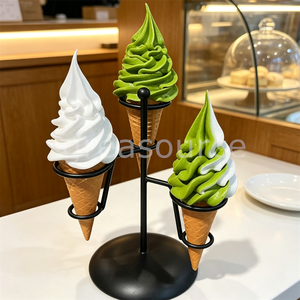Présentoir en métal noir à 3 trous pour 3 cornets de gaufres artificiels de 17 cm, effet matcha, pour desserts et modèles de présentation en café - Product Image 4