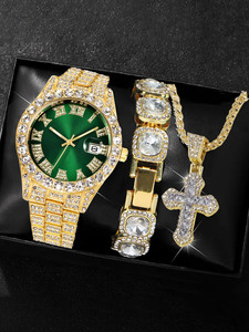 Ensemble de bijoux pour <span class=keywords><strong>homme</strong></span> Hip Hop, montre et collier bracelet, 3 pièces, montre en alliage avec cadran en strass, calendrier pour <span class=keywords><strong>homme</strong></span> - Product Image 5