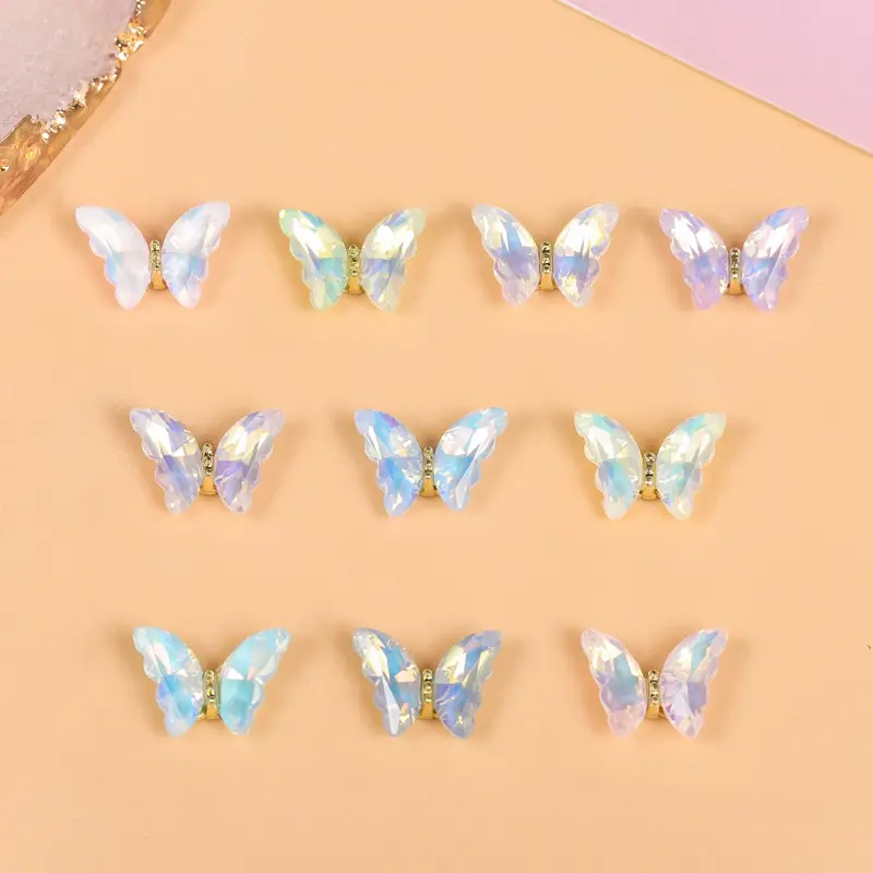 AB trực tuyến người nổi tiếng phụ kiện móng tay mới bán buôn siêu lấp lánh ba chiều pha lê bướm Aurora Kim Cương Ngọc trai