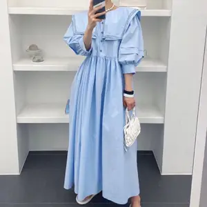 Wholesale 2023 Summer Elegant Milk Soft Blue Double-layer Navy Collar Banding Single-breasted Lantern Sleeve Swing Dress