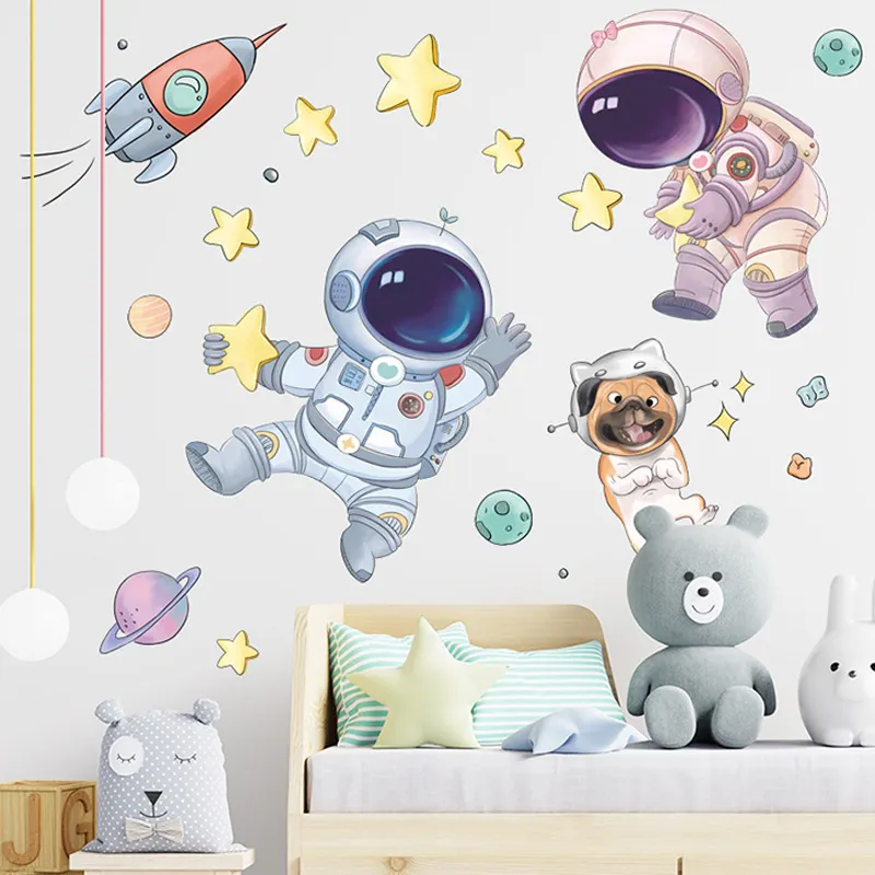 Cartoon Ruimte Leuke Jongen Meisje Astronaut Kinderkamer Muurstickers Hond Wanddecoraties Voor Kamer