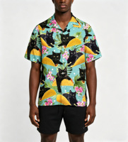 Celana renang motif kartun luar angkasa terlaris, kerah berdiri, kancing, motif digital Hawaii, lengan pendek, ringan, tropis