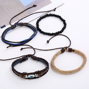 Pulseras <span class=keywords><strong>de</strong></span> Moda con Amuleto <span class=keywords><strong>de</strong></span> Ojo Turco <span class=keywords><strong>de</strong></span> Cuero Genuino al por Mayor, Conjuntos Trenzados <span class=keywords><strong>de</strong></span> Cuerda <span class=keywords><strong>de</strong></span> Cáñamo Multicapa para Hombres y Mujeres - Product Image 3