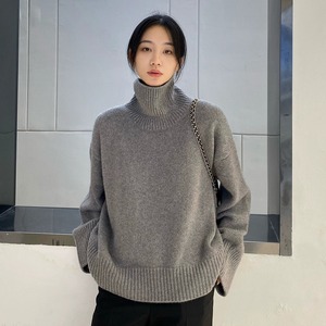 Suéter Feminino de Gola Alta, Estilo Coreano, Casual, Solto, Cor Sólida, Camiseta Versátil - Product Image 2