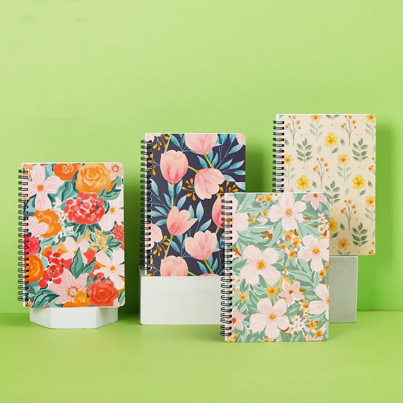 Venta al por mayor de material escolar y de oficina nuevo diseño estampado de flores Tapa dura diario espiral cuaderno personalizado de hojas sueltas