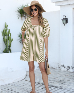 Vestido Mini Holgado a Rayas para Mujer, Cuello en V, Manga Abullonada, con Cordón, Informal, para Verano, Playa, Vacaciones, Fiesta, Estilo Bohemio <span class=keywords><strong>Chic</strong></span> - Product Image 2