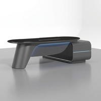 Bureau de direction futuriste de luxe, design élégant, finition laquée noire, texture bois d'ébène, gris métallisé, panneau à lattes intégré, durable