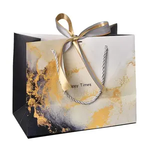 Luxury Marble Gift Carry Paper Bags Boutique Happy Times Marble Gift Paper Shopping Bags With Handles and Ribbon