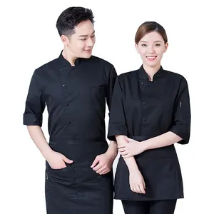 Yüksek kaliteli iş gömlek beyaz siyah kısa kollu şef ceketi Unisex mutfak pişirme kıyafetleri erkekler restoran otel şef üniforma